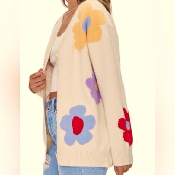 FOREVER 21 FLORAL PRINT KNIT CARDIGAN SWEATER SIZE SMALL OVERSIZED - Picture 4 of 6